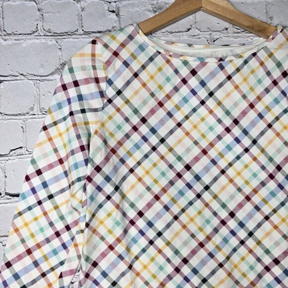 Talbots Cotton Blend Rainbow Plaid Print Boatneck 3/4 Sleeve Top Size MP - Picture 3 of 9